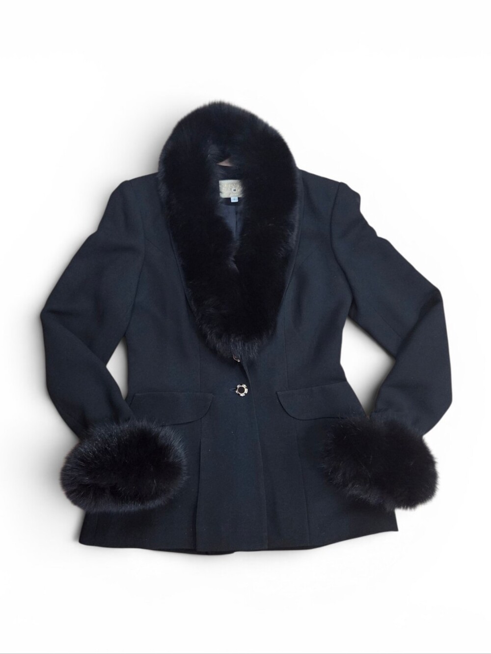 Vintage Alberto Makali Black Blazer w Detachable Fox Fur Collar & Cuffs, Sz 8